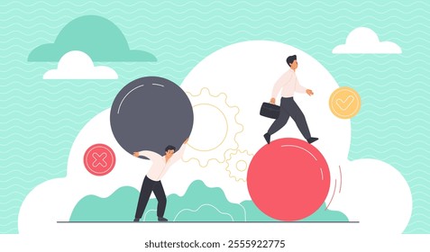 Efficiency of business solution for corporate company or startup strategy, competition of leaders. Tiny people choose to carry hard ball or run fast on top of sphere cartoon vector illustration