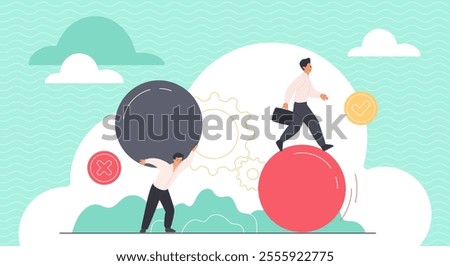 Efficiency of business solution for corporate company or startup strategy, competition of leaders. Tiny people choose to carry hard ball or run fast on top of sphere cartoon vector illustration