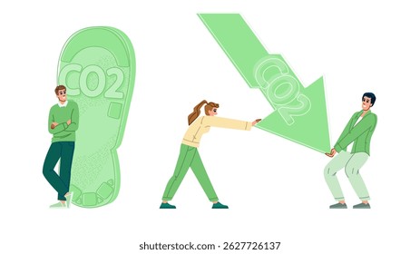 efficiency carbon reduce vector. conservation offset, emissions solar, wind geothermal efficiency carbon reduce character. people flat cartoon illustration