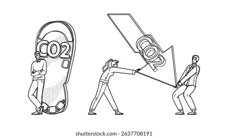efficiency carbon reduce vector. conservation offset, emissions solar, wind geothermal efficiency carbon reduce character. people black line pencil drawing illustration