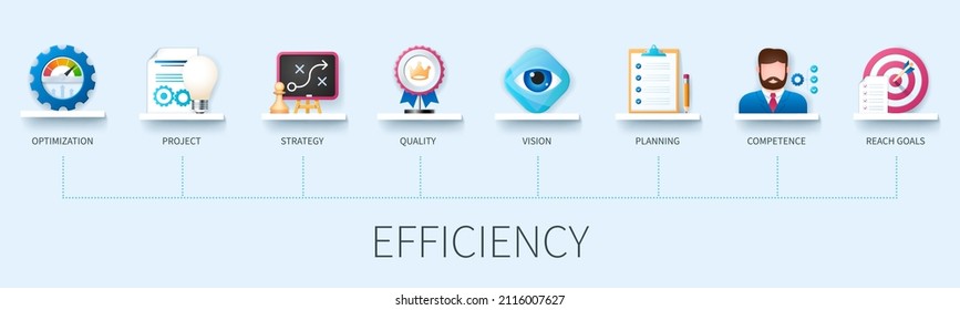 Efficiency concept with icons. Optimization, project, strategy, quality, vision, planning, competence, reach goals. Business concept. Web vector infographic in 3D style