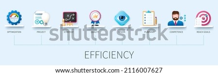Efficiency concept with icons. Optimization, project, strategy, quality, vision, planning, competence, reach goals. Business concept. Web vector infographic in 3D style