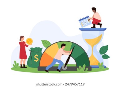 Efficiency of cost optimization strategy, effective business plan of price decrease, investment. Tiny people control needle of speedometer dial to make minimum cost cartoon vector illustration