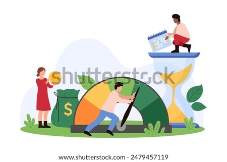 Efficiency of cost optimization strategy, effective business plan of price decrease, investment. Tiny people control needle of speedometer dial to make minimum cost cartoon vector illustration