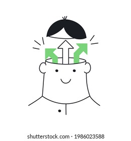 Efficiency, decision making, versatility, personal growth, arrows move up from the head. Cute cartoon man with an opened head. Thin line vector illustration on white.