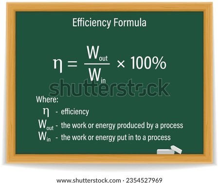 Efficiency Formula on a green chalkboard. Education. Science. Formula. Vector illustration.