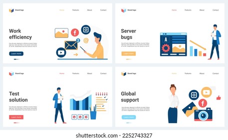 Efficiency of global support service, test for server bugs set vector illustration. Cartoon tiny people work online with financial solutions, hardware and backup, cloud system security reports