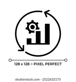 Efficiency graph cycle pixel perfect black glyph icon. Productivity chart, performance increase. Quality improvement. Silhouette symbol on white space. Solid pictogram. Vector isolated illustration