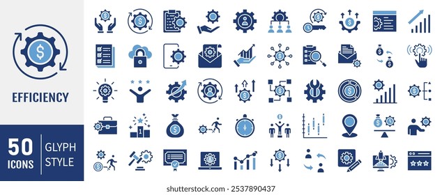 Icono de eficiencia colección. Contiene optimización, efectividad, productividad, procesos lean, gestión de tiempo, icono de costos. Vector plano simple.