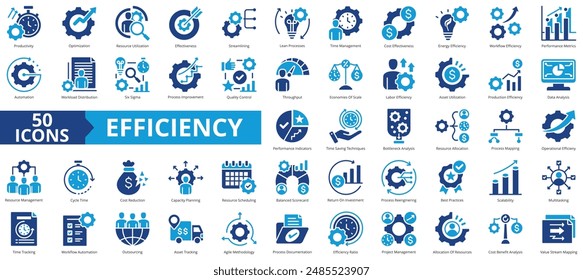 Efficiency icon collection set. Containing productivity, optimization, resource utilization, effectiveness, streamlining, lean processes, time management, cost icon. Simple flat vector.