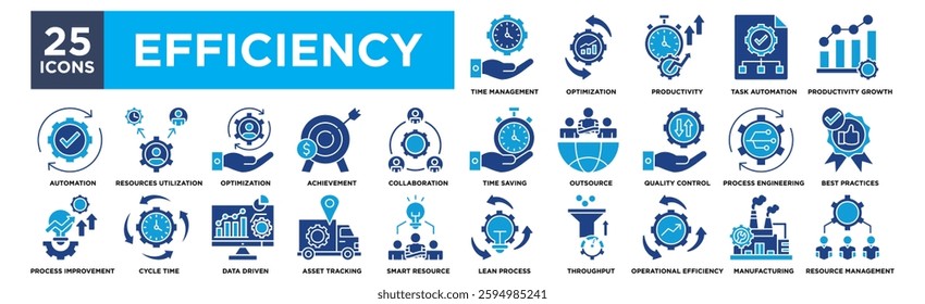 Efficiency icon collection set. Containing design optimization,productivity,resources utilization,outsource,best practices
