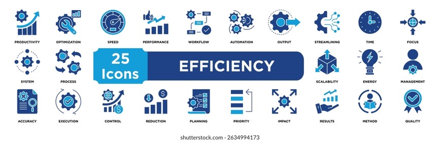 Efficiency icon collection set. Containing productivity,optimization,speed,performance,workflow,automation,output,streamlining,time,focus icon. dual tone vector.	
