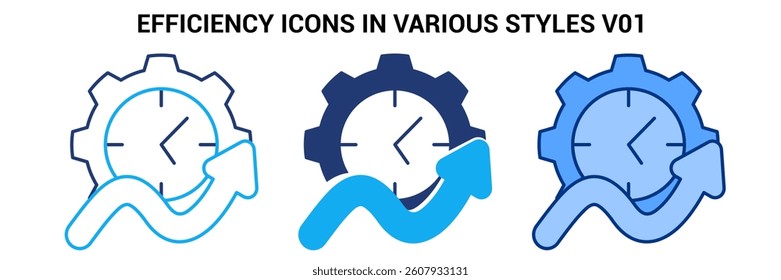 Efficiency icon represented by clook, gear Blue, Dualline, Dualtone style.