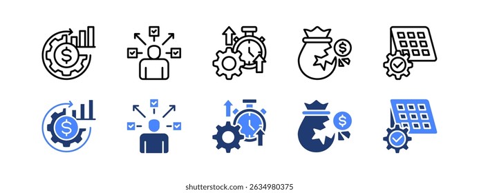Ícone de eficiência definido com Utilização de ativos, Multitarefa, Produtividade, Corrupção, Programação.