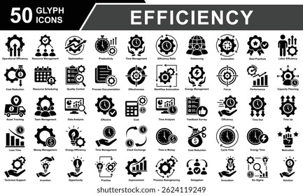 Efficiency Icon Set Collection. Containing Operational Efficiency, Resource Management, Optimization, Producticity, Cost Reduction, Time Management, Efficiency Ratio. Simple Glyph Vector Illustration