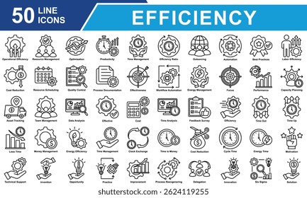 Efficiency Icon Set Collection. Containing Operational Efficiency, Resource Management, Optimization, Producticity, Cost Reduction, Time Management, Efficiency Ratio. Simple Line Vector Illustration