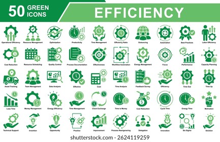 Efficiency Icon Set Collection. Containing Operational Efficiency, Resource Management, Optimization, Producticity, Cost Reduction, Time Management, Efficiency Ratio. Simple Green Vector Illustration