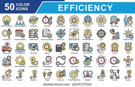 Efficiency Icon Set Collection. Containing Operational Efficiency, Resource Management, Optimization, Producticity, Cost Reduction, Time Management, Efficiency Ratio. Simple Color Vector Illustration