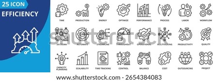 efficiency icon set collection in outline style. an icon pack contain operation, production, time, energy, optimize, performance, process, labor, workflow, six sigma, automate, streamline, resource