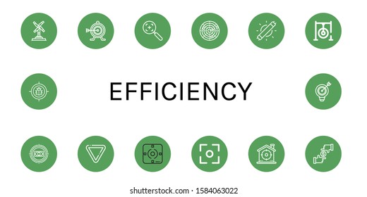 efficiency icon set. Collection of Wind turbine, Target, Dart, Led light, Darts target, Yield, Focus icons