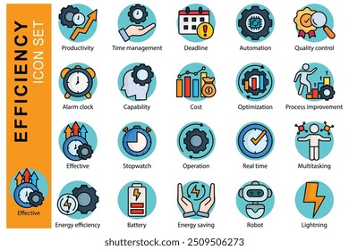 Conjunto de iconos de eficiencia. estilo de iconos de contorno de color. icono relacionado con el negocio. productividad, gestión del tiempo, capacidad y más. Ilustración vectorial de elementos de negocio