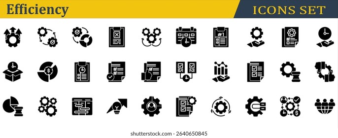 Efficiency Icon Set. Containing Delivery Time,Mechanism,Multitasking,Outsourcing,Planning,Priority,Resources Management,Schedule,Sop,Streamline,Utilization. Solid Style