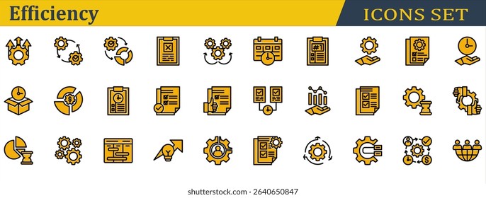 Efficiency Icon Set. Containing Delivery Time,Mechanism,Multitasking,Outsourcing,Planning,Priority,Resources Management,Schedule,Sop,Streamline,Utilization. Solid Color Lineal Style