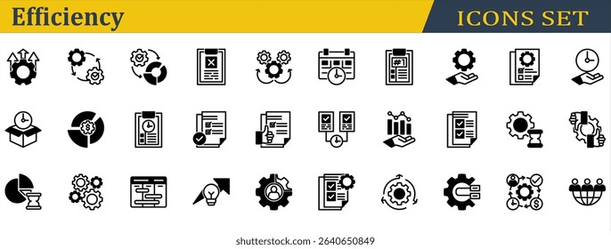 Efficiency Icon Set. Containing Delivery Time,Mechanism,Multitasking,Outsourcing,Planning,Priority,Resources Management,Schedule,Sop,Streamline,Utilization. Mixed Style