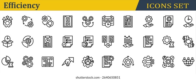 Efficiency Icon Set. Containing Delivery Time,Mechanism,Multitasking,Outsourcing,Planning,Priority,Resources Management,Schedule,Sop,Streamline,Utilization. Outline Style
