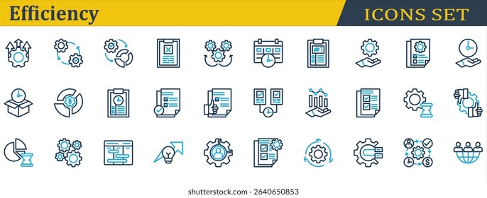 Efficiency Icon Set. Containing Delivery Time,Mechanism,Multitasking,Outsourcing,Planning,Priority,Resources Management,Schedule,Sop,Streamline,Utilization. Outline Color Style