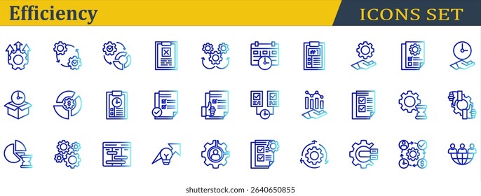 Efficiency Icon Set. Containing Delivery Time,Mechanism,Multitasking,Outsourcing,Planning,Priority,Resources Management,Schedule,Sop,Streamline,Utilization. Outline Gradient Style