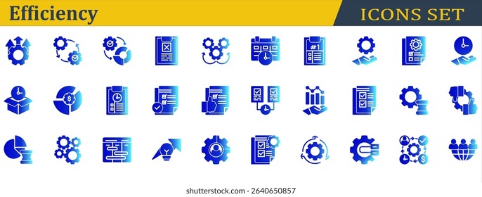 Efficiency Icon Set. Containing Delivery Time,Mechanism,Multitasking,Outsourcing,Planning,Priority,Resources Management,Schedule,Sop,Streamline,Utilization. Solid Gradient Style