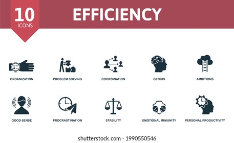 Efficiency icon set. Contains editable icons personal productivity theme such as organization, coordination, ambitions and more.