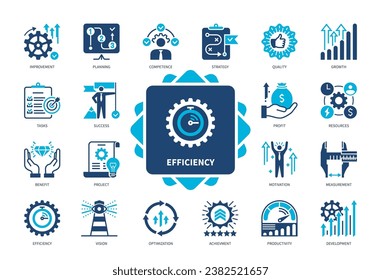 Efficiency icon set. Development, Project, Strategy, Quality, Vision, Planning, Competence, Resources. Duotone color solid icons