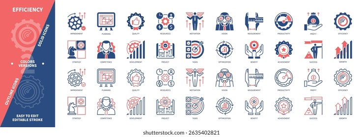 Ícone de eficiência definido. Desenvolvimento, Projeto, Estratégia, Qualidade, Visão, Planejamento, Competência, Recursos. Ícones de contorno sólido e editável de cor duotônica