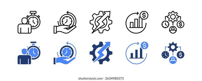Efficiency icon set with Time Manager, Time Savings, Optimization, Return On Investment, Resource Allocation.