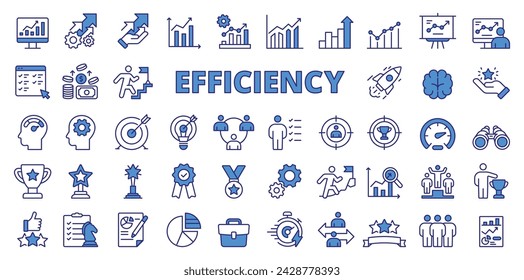 Efficiency icons in line design, blue. Efficiency, productivity, optimization, performance, effectiveness, business isolated on white background vector. Efficiency editable stroke icons.