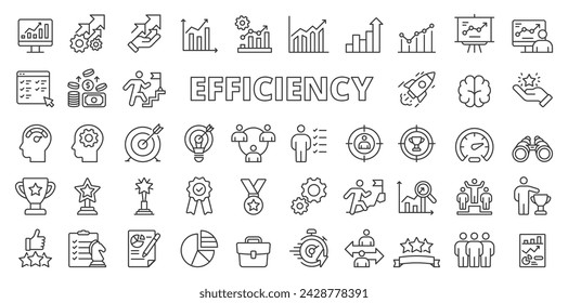 Iconos de eficiencia en el diseño de líneas. Eficiencia, productividad, optimización, rendimiento, eficacia, negocio aislado en vector de fondo blanco. Iconos de trazo editables de eficiencia.