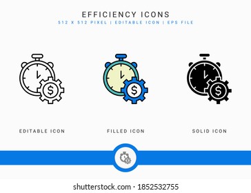 Effizienzsymbole setzen Vektorgrafik mit fester Symbollinie. Konzept der Unternehmensentwicklung. Bearbeitbares Strichsymbol auf isoliertem weißem Hintergrund für Webdesign, Benutzeroberfläche, mobile Anwendung