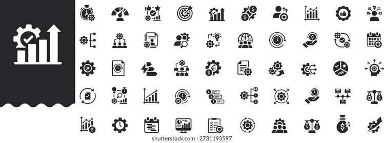 Los iconos de eficiencia establecen la Ilustración vectorial con la colección de multitarea, programación de recursos, planificación de capacidad, costo-beneficio, reducción de costos, línea de tiempo, indicador de rendimiento, optimización, mejores prácticas, mejoramiento de procesos, control de calidad, transmisión