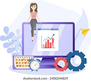 Efficiency illustration. Productive woman, multitasking or time management professional, productivity or entrepreneurship.