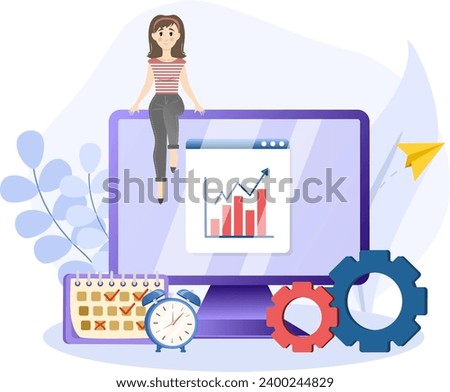 Efficiency illustration. Productive woman, multitasking or time management professional, productivity or entrepreneurship.
