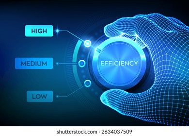 Botão do botão Níveis de eficiência. Aumentar o nível de eficiência. Mão de arames girando um botão de teste de eficiência para a posição mais alta. Conceito de desenvolvimento e crescimento empresarial. Ilustração vetorial.