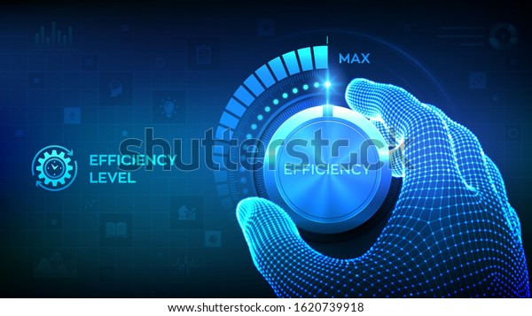 Efficiency levels knob button. Increasing\
Efficiency Level. Wireframe hand turning a efficiency test knob to\
the maximum position. Development and growth business concept.\
Vector\
illustration.
