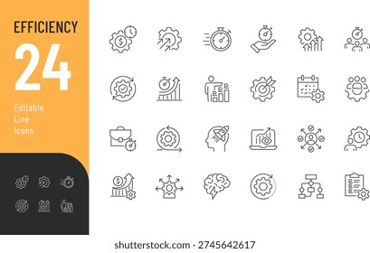 
Efficiency Line Editable Icons set. Vector illustration in modern thin style of work process related icons: solution, planning, productivity, and more. Isolated on transparent background.
