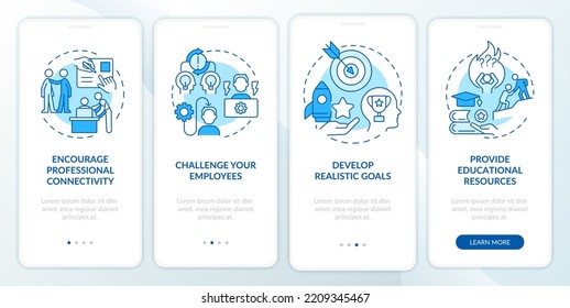 Efficiency management blue onboarding mobile app screen. Empowerment. walkthrough 4 steps editable graphic instructions with linear concepts. UI, UX, GUI template. Myriad Pro-Bold, Regular fonts used