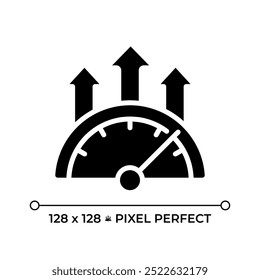 Efficiency meter pixel perfect black glyph icon. Productivity increase, speedometer. Credit score, metric improvement. Silhouette symbol on white space. Solid pictogram. Vector isolated illustration