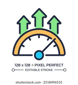 Efficiency meter RGB pixel perfect color icon. Productivity increase, speedometer. Credit score, metric improvement. Isolated vector illustration. Simple filled line drawing. Editable stroke