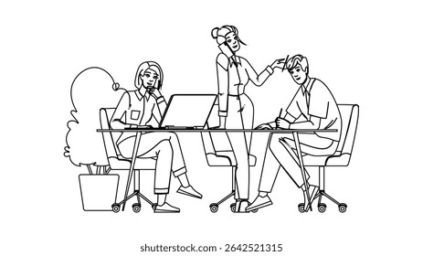 efficiency multitasking business meeting vector. productivity communication, planning leadership, innovation networking efficiency multitasking business meeting character. people black line pencil 