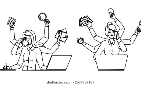 efficiency multitasking woman vector. balance focus, organization management, career family efficiency multitasking woman character. people black line pencil drawing illustration